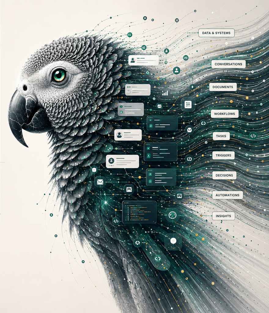 A stylized African Grey parrot whose feathers dissolve into a stream of data, apps and systems.